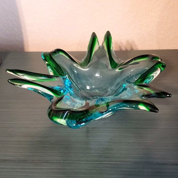 Vintage Handblown Green & Blue Glass Art Deco Mid-Century Modern Ashtray Bowl - Picture 11 of 12